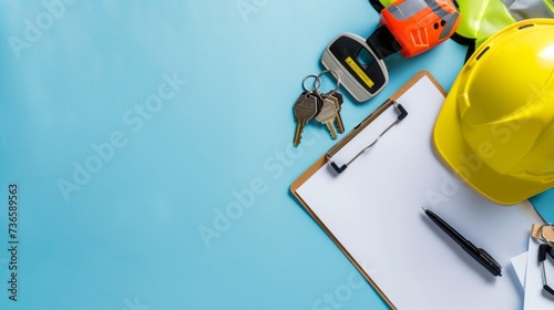 Construction hat, signal vest, apartment keys and clipboard on a light blue background.  photo