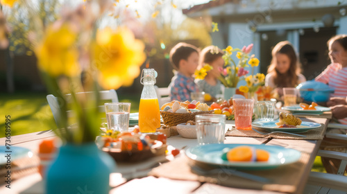 Happy family having tasty Easter breakfast or brunch outdoor in the garden