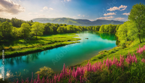 Beautiful colorful spring landscape with river and a green highlans valley photo