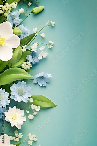 Banner with spring flowers green background copy space