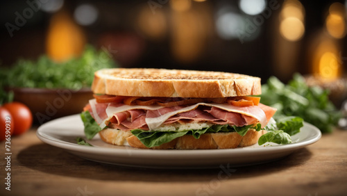 "Savoring Artistry: Prosciutto Panini Sandwich Captured with a 150mm Lens and Masterful Depth of Field"

