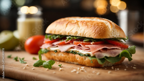  "Savoring Artistry: Prosciutto Panini Sandwich Captured with a 150mm Lens and Masterful Depth of Field"