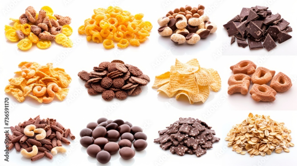 Different types of breakfast cereals isolated on white background, sweet cornflakes, chocolate pads and rings, puffed rice and wholegrain flakes collection  - obrazy, fototapety, plakaty 