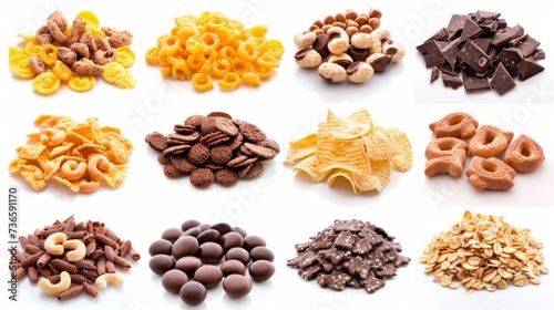 Different types of breakfast cereals isolated on white background, sweet cornflakes, chocolate pads and rings, puffed rice and wholegrain flakes collection  photo