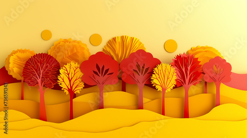 A vibrant Earth Day banner featuring paper-cut trees in red to yellow hues, symbolizing midday warmth.