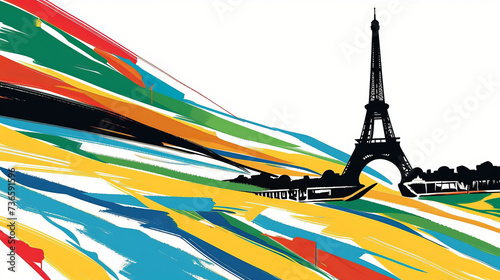 View of the Eiffel tower, Paris France with abstract colorful flowing lines