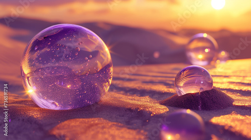 Amethyst bubbles floating in a desert twilight setting, contrasting with golden sands.