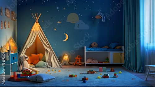 empty children's bedroom in the evening with toys and tent set up. Kindergarten block during night time --ar 16:9 --v 6 Job ID: 8fbb355b-e83c-4525-a508-449aa3e1d691 photo