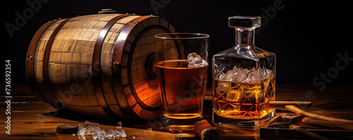 Whiskey in glass with ice against wooden barrel.