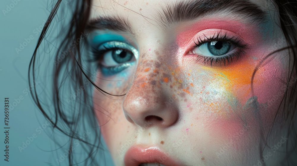 An HD close-up showcasing a female face with pastel art makeup, set against a grey background with changing color tones.