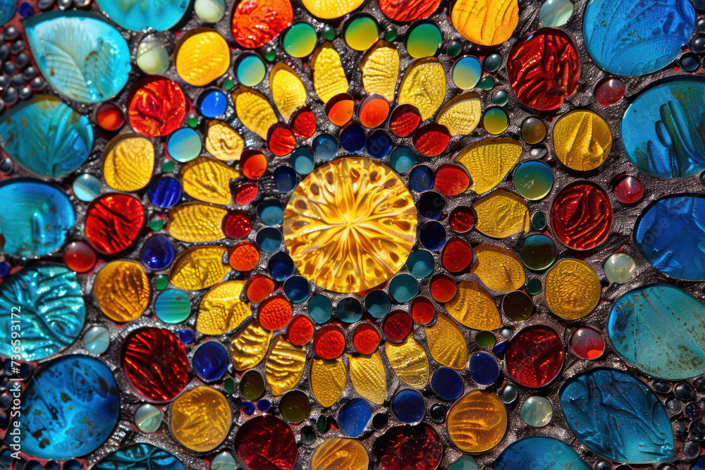 Round Stainglass window blue, red, yellow, with patterns was inside a church