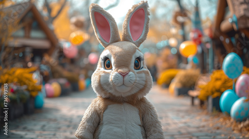 Human in easter bunny costume mascot of Easter entertaining kids on Easter festival outdoors