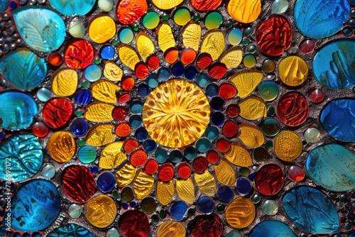 Obraz na płótnie Round Stainglass window blue, red, yellow, with patterns was inside a church w salonie