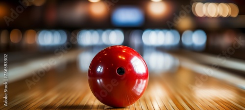 Bowling strike with ball crashing into pins on alley line, sport competition or tournament concept. photo