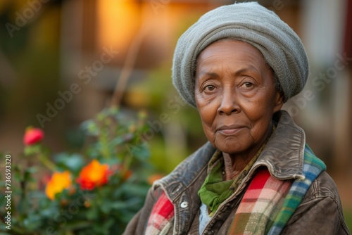 Woman farmer, female portrait. Background with selective focus and copy space photo