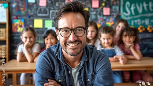 Smiling male teacher in elementary school classroom with students learning in the background