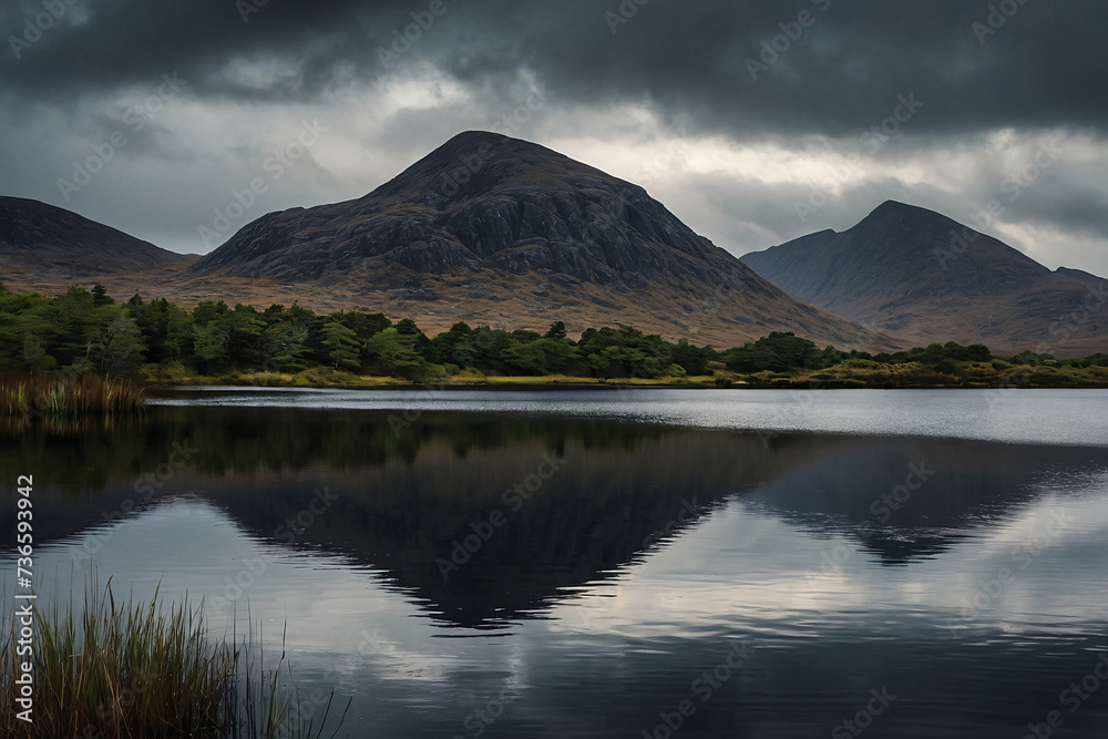 Beautiful landscape image of lake district with dramatic sky during a cloudy day. Generative AI