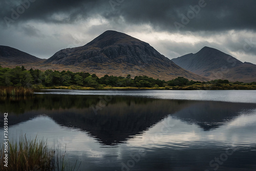 Beautiful landscape image of lake district with dramatic sky during a cloudy day. Generative AI © igor.nazlo