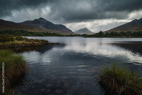 Beautiful landscape image of lake district with dramatic sky during a cloudy day. Generative AI