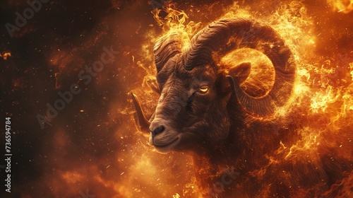 Dynamic aries  fiery ram embracing pioneering spirit with energetic flames and dynamic energy photo
