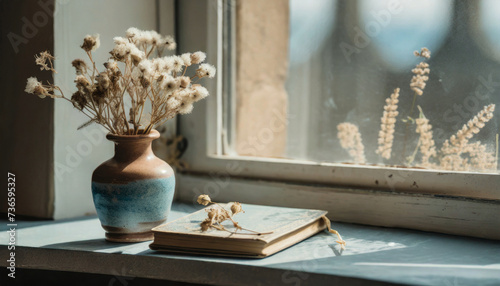 Ceramic vase with dried flowers and book on the window sill. Old vintage room interior decor. Floral composition. Leisure and relaxation photo