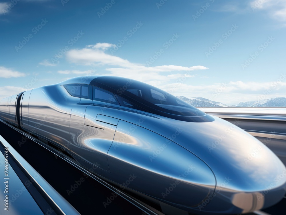 A futuristic bullet train is traveling on the tracks. Generative AI.