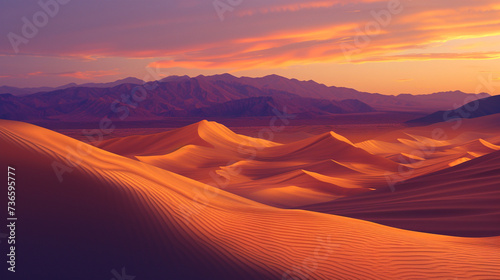 A desert scene at twilight  with sand dunes casting long shadows  and the sky transitioning from orange to purple above the distant mountains