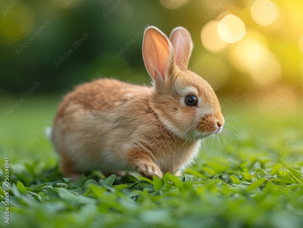 Beautiful Furry Easter Rabbit Bunny on Sunny Meadow. Bokeh Lights, Spring Garden, Traditional Easter Scene. Beautiful Furry Easter Rabbit Bunny on Sunny Meadow. Bokeh Lights, Spring Garden, Traditional Easter Scene.