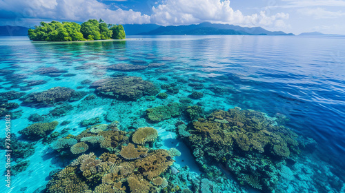 A vibrant coral reef seen from above  the clear blue water showcasing the multitude of colors and life forms  with a small uninhabited island in the distance