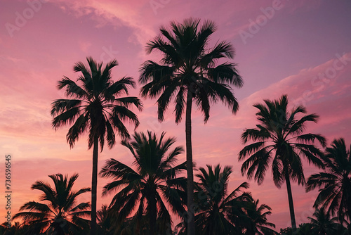 Palm trees silhouettes at sunset. Colorful sky with pink and purple colors. Generative AI