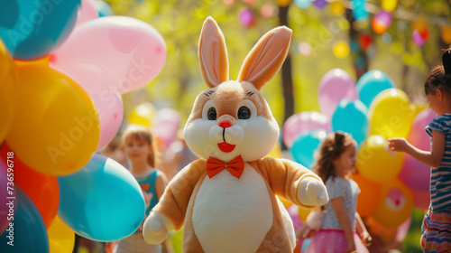 Human in easter bunny costume mascot of Easter entertaining kids on Easter festival outdoors photo
