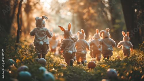 playful scene of kids dressed as bunnies costumes which running for easter eggs. hunt easter eggs