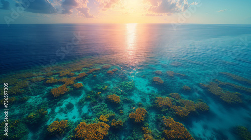 Ocean coral atolls  and stunning shades of blue in the Indian Ocean. Aerial View