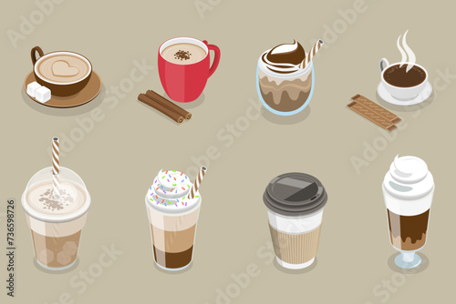3D Isometric Flat Vector Set of Coffee Beverages, Different Drink Types photo