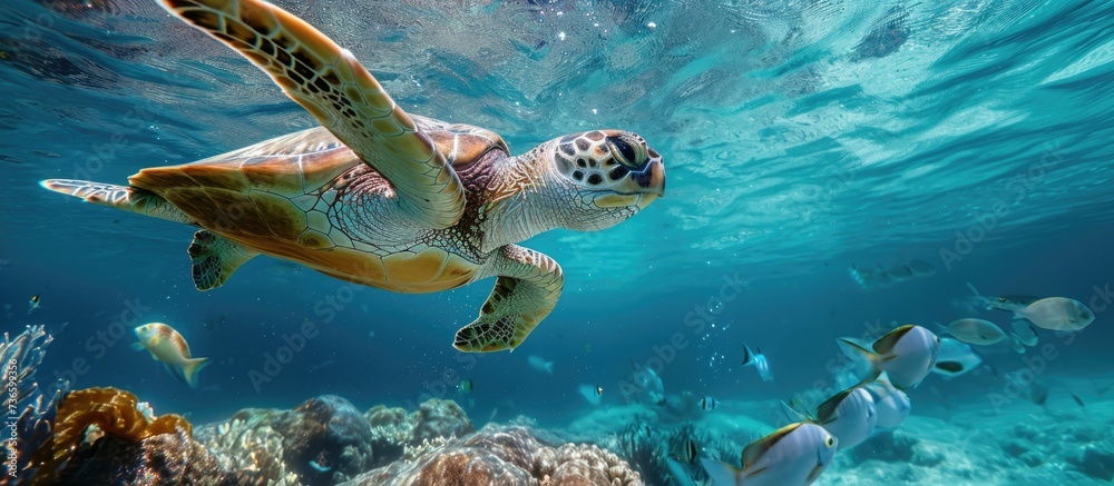 Fototapeta premium Underwater photography of adorable sea turtle and swimming fish, capturing aquatic wildlife.