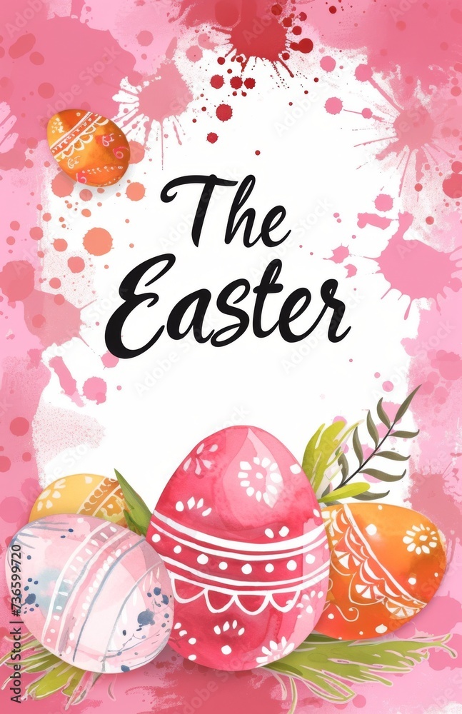 Happy Easter, greeting card text The Easter, retro style poster, watercolor, bunny, painted eggs