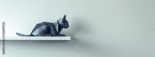 une sculpture de chat en origami posé sur une étagère sur fond blanc photo