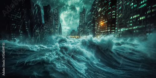 une ville se fait submerger par la mer pendant une tempête photo