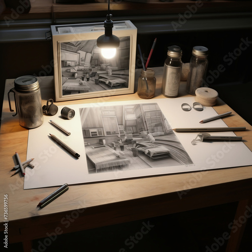 Artistic workspace with pencils, paints, brushes and paper on wooden table