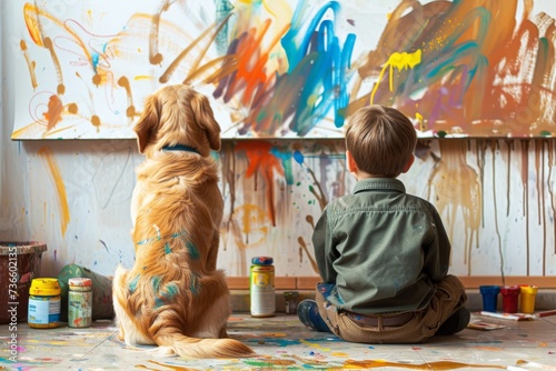 The boy painted the wall with paints, with his friend the dog, man's best friend, blots and stains photo