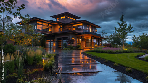 A dramatic side view of a Modern Suburban Craftsman Style House against a stormy sky, the pathway wet from recent rain, reflecting the house's architectural charm.