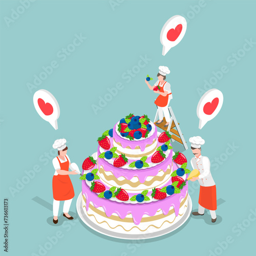 3D Isometric Flat Vector Illustration of Confectioner Chef, Pastry-cook and Decorating