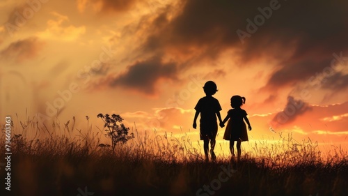 artistic rendering of siblings in silhouette, symbolizing the enduring love and support they provide each other, Two Children at Sunset in a Field of Wildflowers