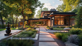 A summer scene capturing a Modern Suburban Craftsman Style House, with the pathway lined with modern sculptures, adding a touch of artistic flair.