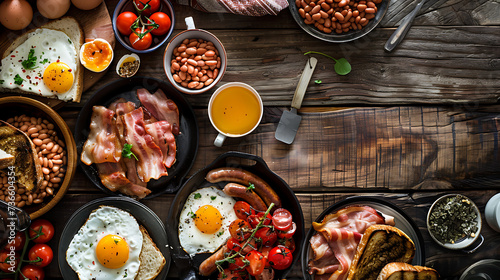 A mouthwatering photograph capturing the quintessential English breakfast spread, featuring crispy bacon, sunny-side-up eggs, sausages, grilled tomatoes, baked beans, toast