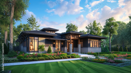 An exquisite HD image featuring a Modern Suburban Craftsman House seen from a side perspective, with the pathway leading to a stylish entrance and a subtle garden boundary. © Creative artist1