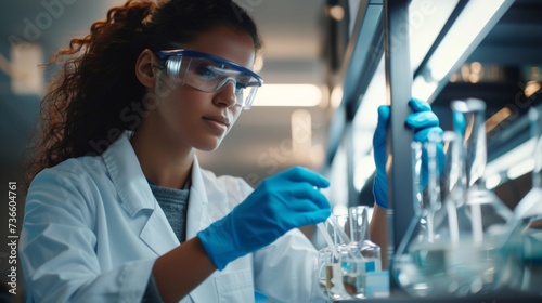 Latino female chemist in safety goggles meticulously examines test tubes in a modern laboratory setting
