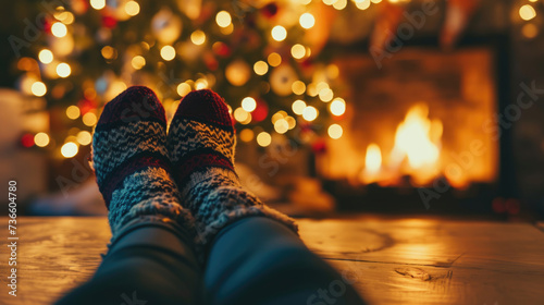 Feet in Knitted Socks in Front of Christmas Tree