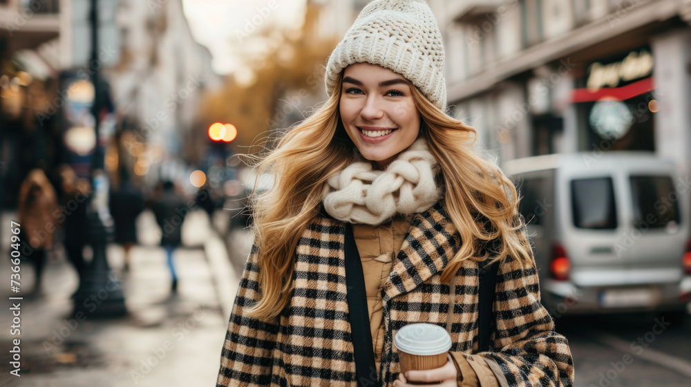 Woman in Plaid Coat Holding Coffee Cup Woman in Plaid Coat Holding Coffee Cup