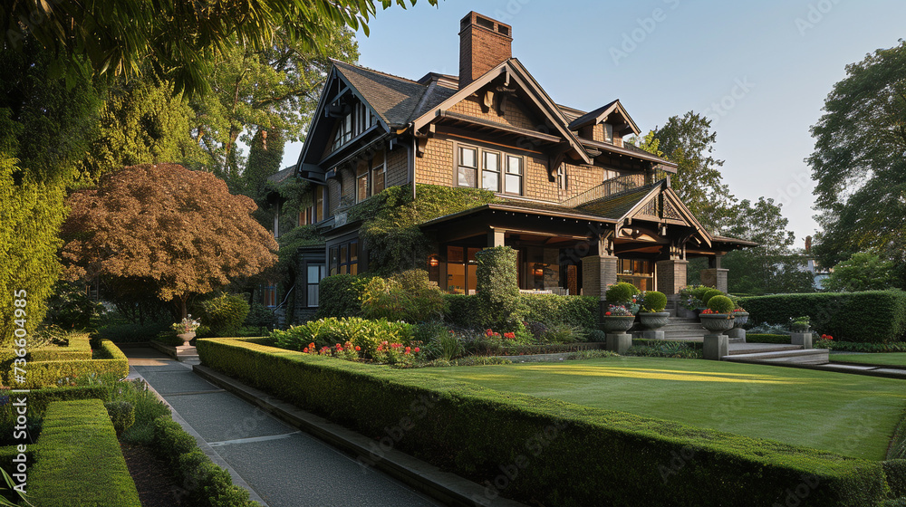 The side profile of a Craftsman-style dwelling, portrayed in exquisite detail, with a pathway leading to the entrance and a tastefully outlined garden boundary, creating a serene suburban atmosphere.